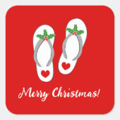 Rode tropische kerst holly leaf strand teenslipper vierkante sticker (Voorkant)
