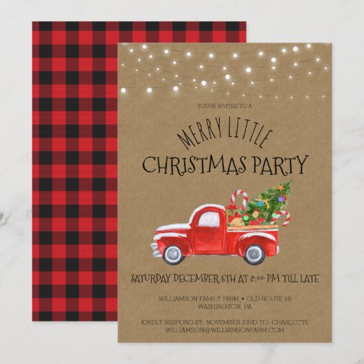  Rode Truck & Buffalo Plaid Kerstfeest Kaart (Voorkant / Achterkant)