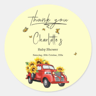 rode truck met zonnebloemen Baby shower Ronde Sticker