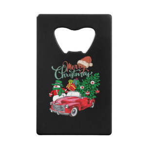 Rode Truck Ophaal Kerstboom Prettig Kerstfeest Sn Kredietkaart Flessenopener