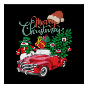 Rode Truck Ophaal Kerstboom Prettig Kerstfeest Sne Perfect Poster
