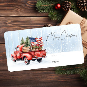 Rode Truck Patriottische Vrolijk Kerstcadeau Etiket