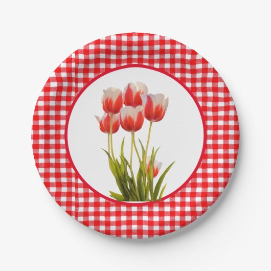 Rode tulp met gingham papieren bordje (Voorkant)