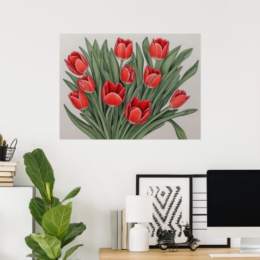 Rode Tulp Waterverf Bloemen Poster (Thuiskantoor)