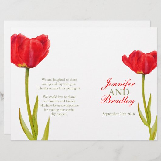 Rode tulp waterverf kunst groot trouwprogramma (Voorkant / Achterkant)