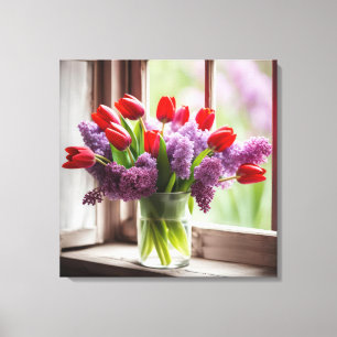 Rode tulpen en seringen in venster canvas afdruk