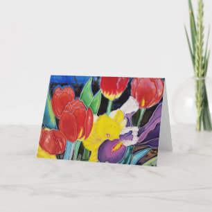 Rode tulpen, gele narcis en Paarse iris Bedankkaart