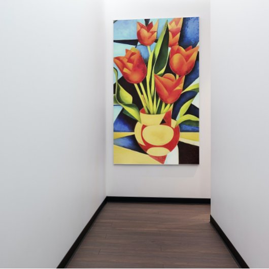 Rode tulpen in een rode en gele vaas canvas afdruk