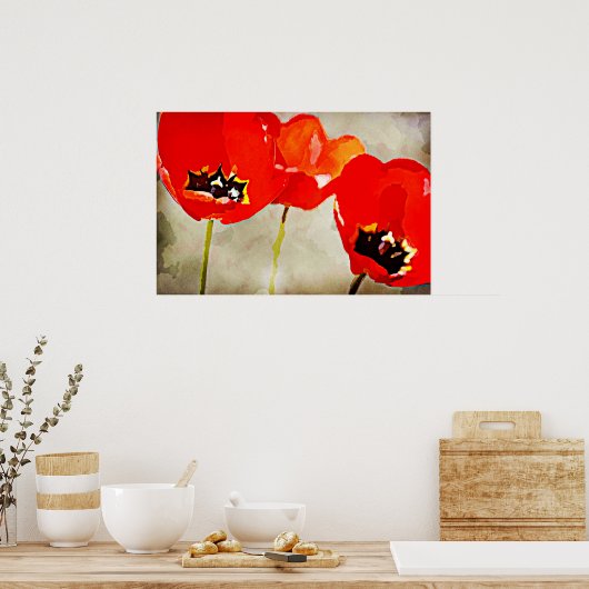 Rode tulpen met geverfde bloemen poster (Keuken)