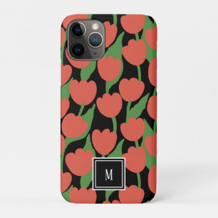Rode tulpen retro, gepersonaliseerd monogram iPhone 11 pro hoesje