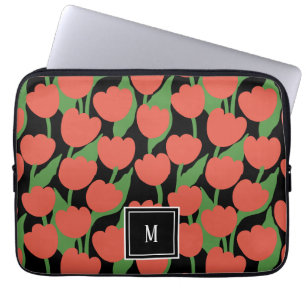 Rode tulpen retro, gepersonaliseerd monogram laptop sleeve