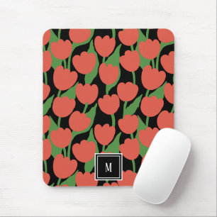Rode tulpen retro, gepersonaliseerd monogram muismat