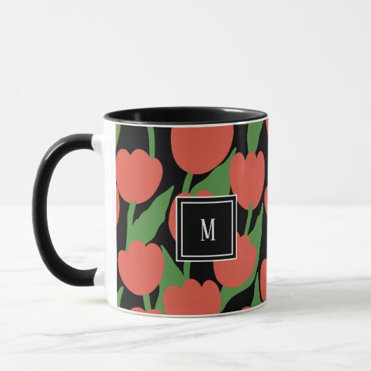Rode tulpen retro, gepersonaliseerde monogram Mok (Links)