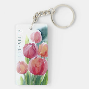 Rode tulpen waterverf veer bloei sleutelhanger