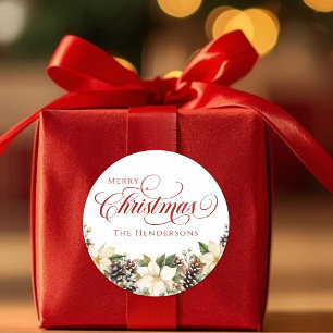 Rode Typografie Kerst Poinsettia wit Ronde Sticker