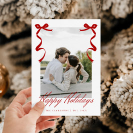 Rode vakantiehand getrokken grillige strikken feestdagenkaart