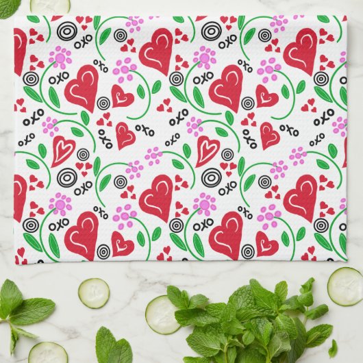 Rode Valentijn hoort roze bloemen keukenhanddoeken (Gevouwen)