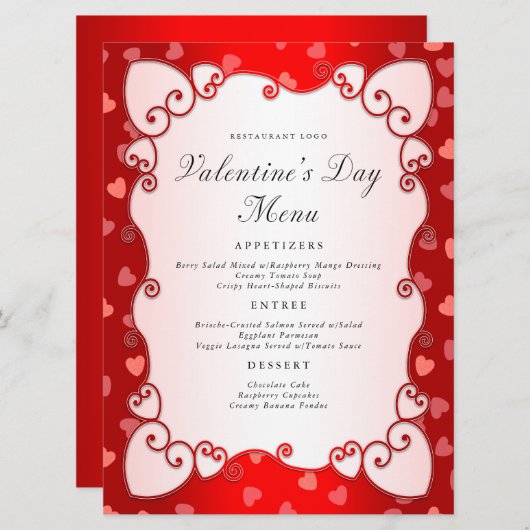 rode Valentijnsdag roze harten rand Menu (Voorkant / Achterkant)