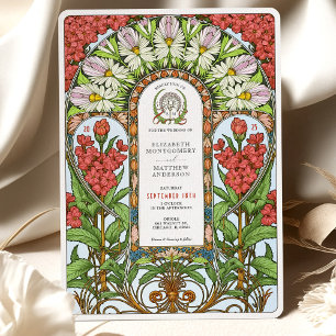 Rode Valeriaan & Witte Daisy Art Nouveau Huwelijk Kaart