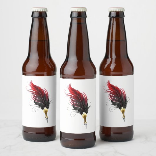 Rode veren pen met gouden penpunt bier etiket (Flessen)