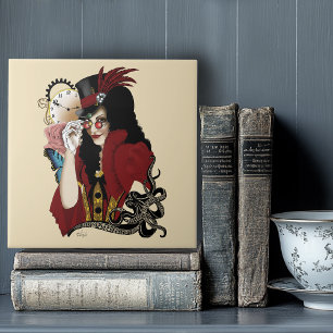 Rode Victoriaanse Steampunk Dame Vintage Octopus Tegeltje