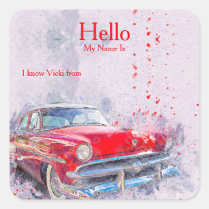 Rode Vintage Auto Naam Tag Sticker