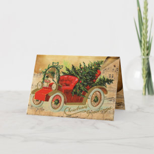 RODE VINTAGE CAR, CHRISTMAS TREE EN MUSISCHE NOTEN FEESTDAGEN KAART