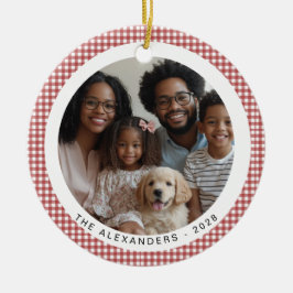 Rode Vintage Gingham Familie Kerstfoto Keramisch Ornament