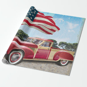 Rode vintage haalt vrachtwagen op met Amerikaanse Cadeaupapier