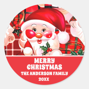 Rode Vintage Santa Claus Tartan Plaid Christmas Ronde Sticker