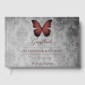 Rode Vintage Vlinder Damast Bruiloft Gastenboek (Voorkant)