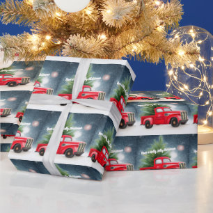 Rode vintage vrachtwagen en boom aangepaste feestd cadeaupapier