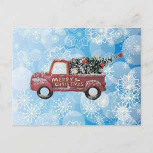 rode vintage vrachtwagen op een blauwe sneeuwvlok feestdagenkaart