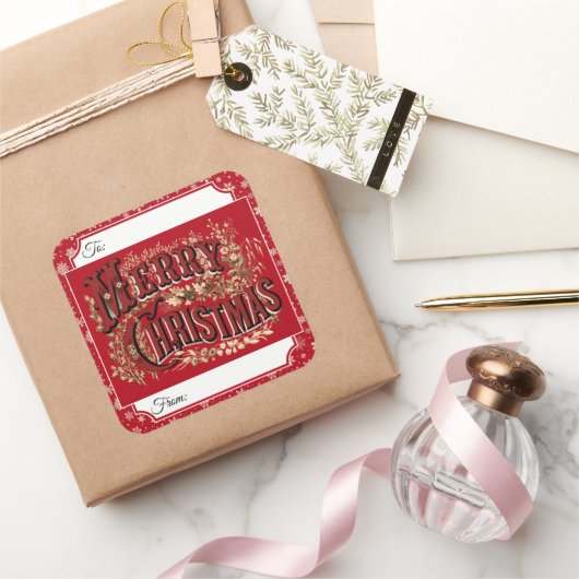 Rode Vintage Vrolijk Kerstcadeau Label Stickers (Geschenken)