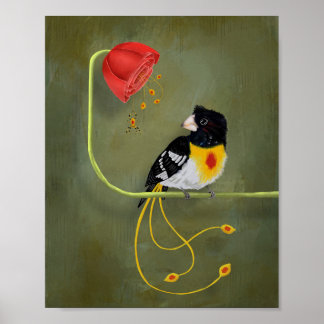 Rode Vlek Gele Borst Vogel met Banaan Spin Poster