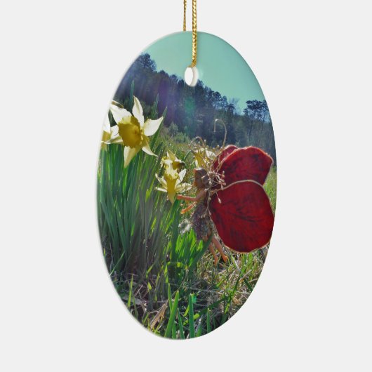 rode vleugelfee en daffodils keramisch ornament (Rechts)