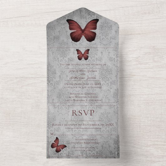 Rode vlinder Damask bruiloft All In One Uitnodiging (Binnen)