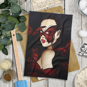 Rode Vlinder Masquerade Vrouw Gotische Fantasie Theedoek