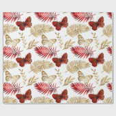 Rode vlinder palmblad bloemig elegant goud wit cadeaupapier (Vlak)
