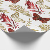 Rode vlinder palmblad bloemig elegant goud wit cadeaupapier (Hoek)