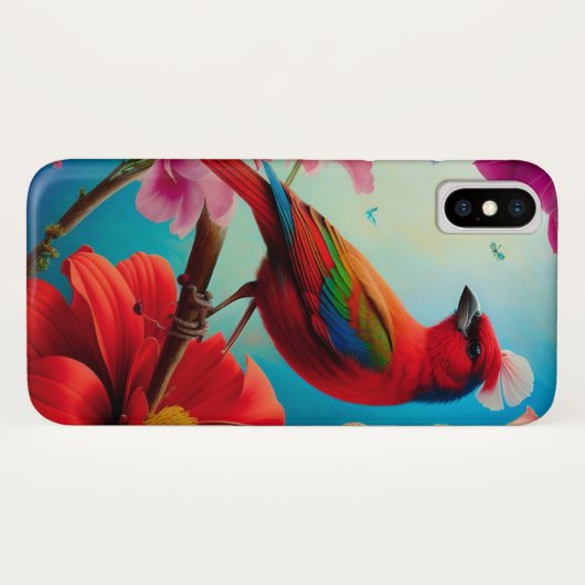 Rode vogel en bloemen Case-Mate iPhone case (Achterkant (horizontaal))