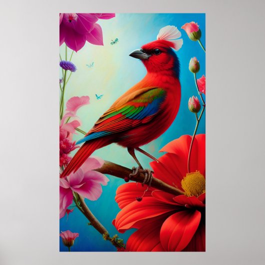 Rode vogel en bloemen poster (Voorkant)