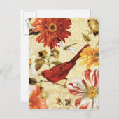 Rode vogel in een bloem briefkaart (Voorkant / Achterkant)