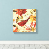 Rode vogel in een bloem canvas afdruk (Insitu (Houten vloer))