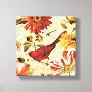 Rode vogel in een bloem canvas afdruk