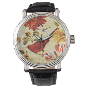 Rode vogel in een bloem horloge
