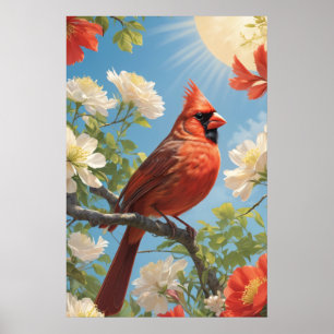 Rode vogel in zonneschijn en bloemen poster