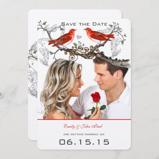 rode vogels bruiloft sparen de datum kaart (Voorkant / Achterkant)