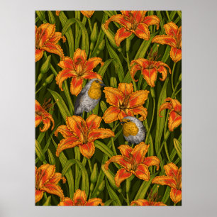Rode vogels en lelie bloemen, oranje en donkergroe poster