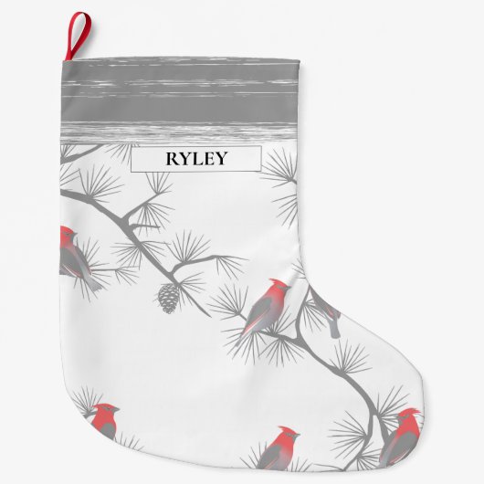 Rode Vogels Grijze takken Patroon Monogram Grote Kerstsok (Voorkant)